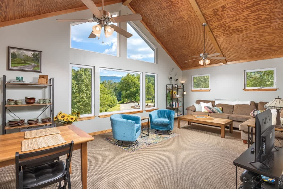 Living room with a vaulted wood ceiling and blue armchairs