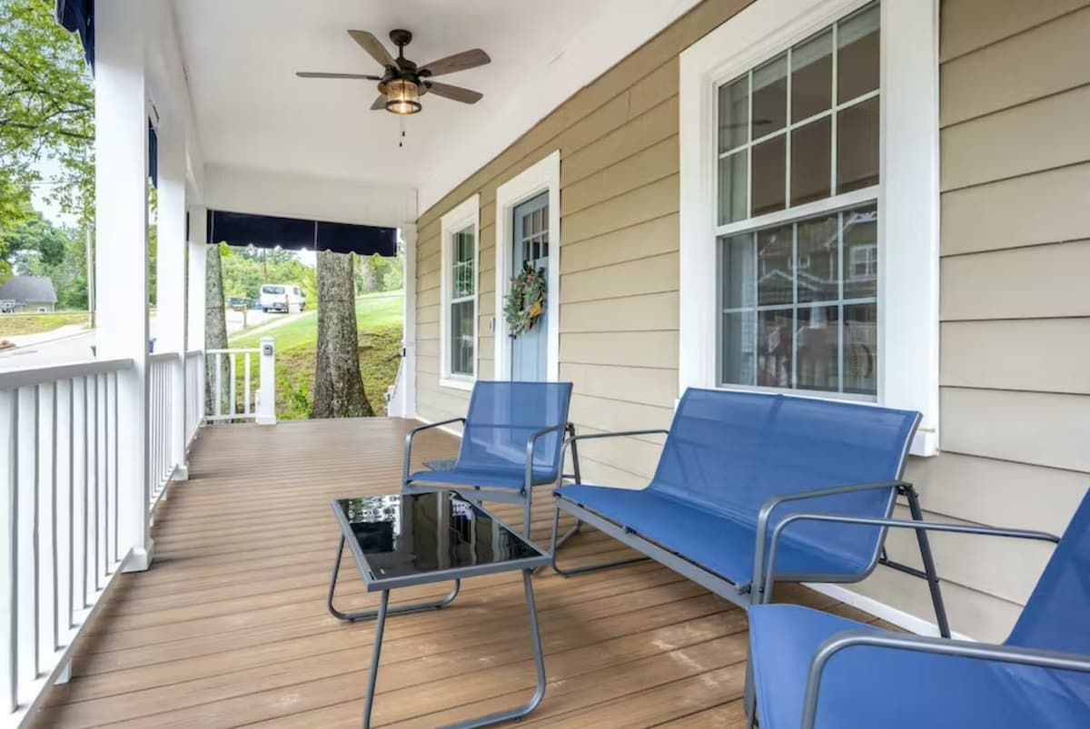 Front porch with blue chairs