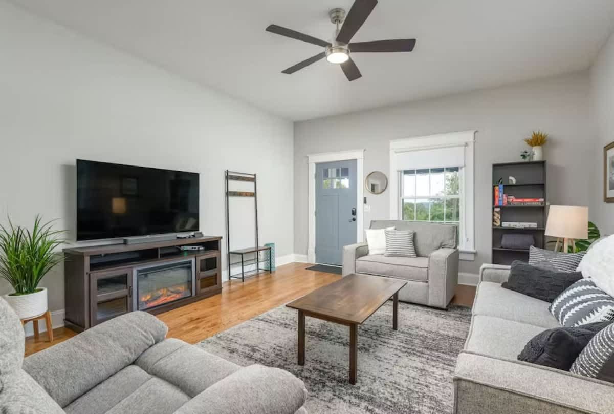 Living room with gray sofas and a big TV