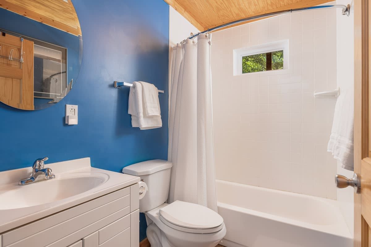 Bathroom with a bright blue wall