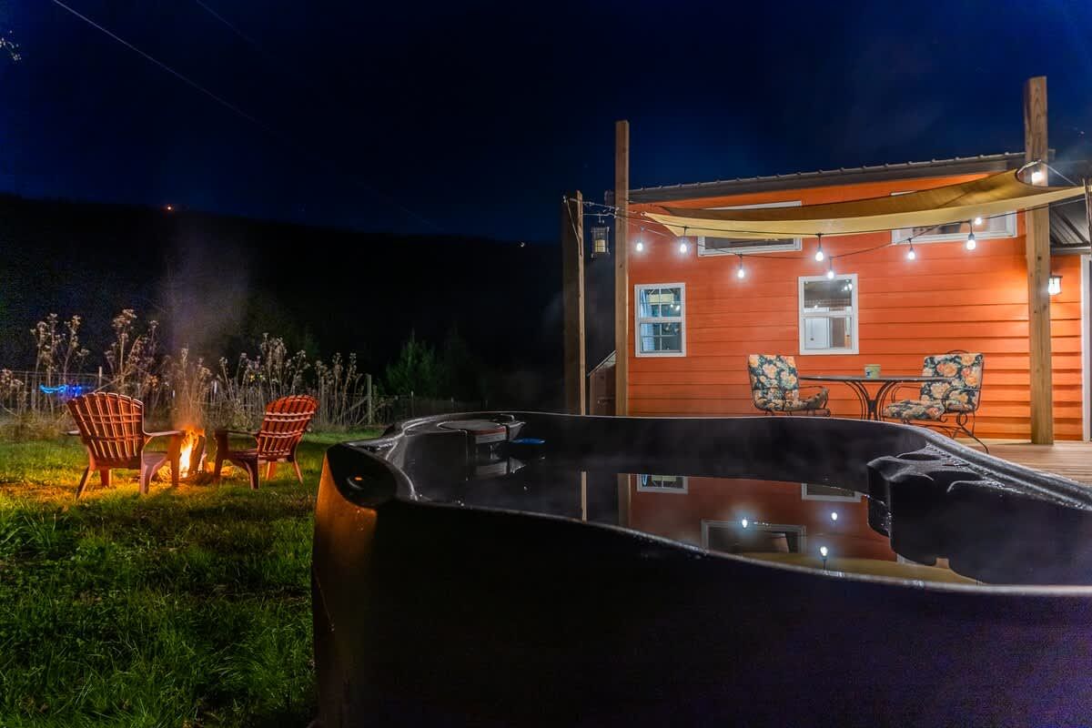 Hot tub and string lights at night