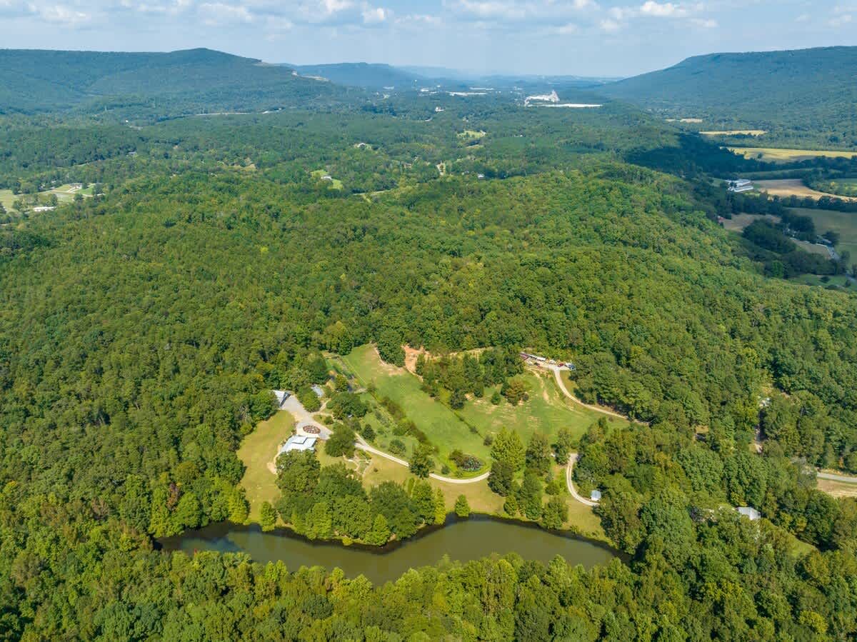 The farm from above, with its lake and fields