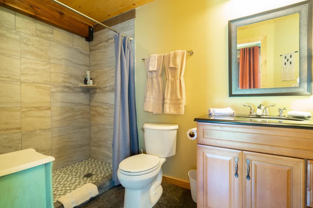 Bathroom with a large tiled shower