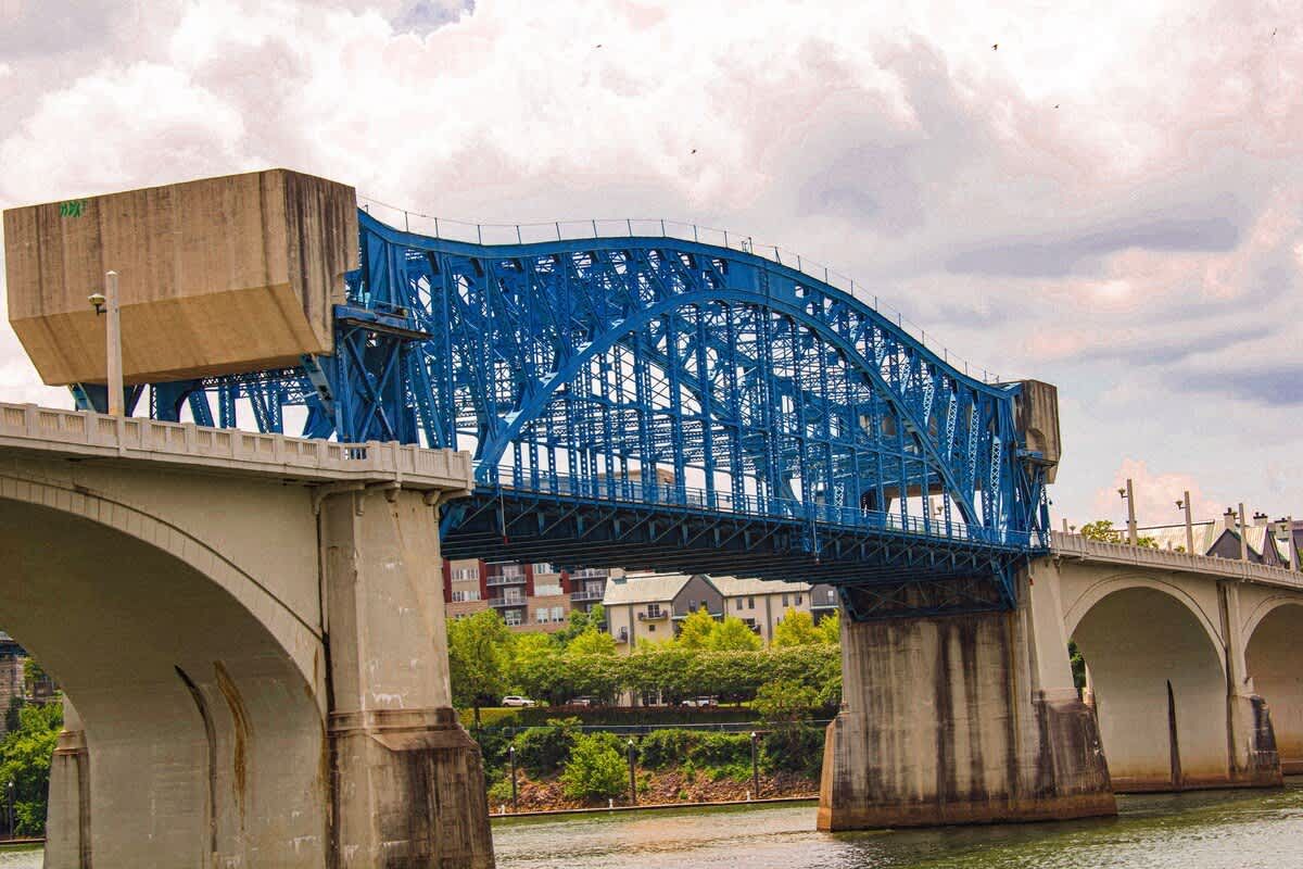 The blue Market Street Bridge over the Tennessee River