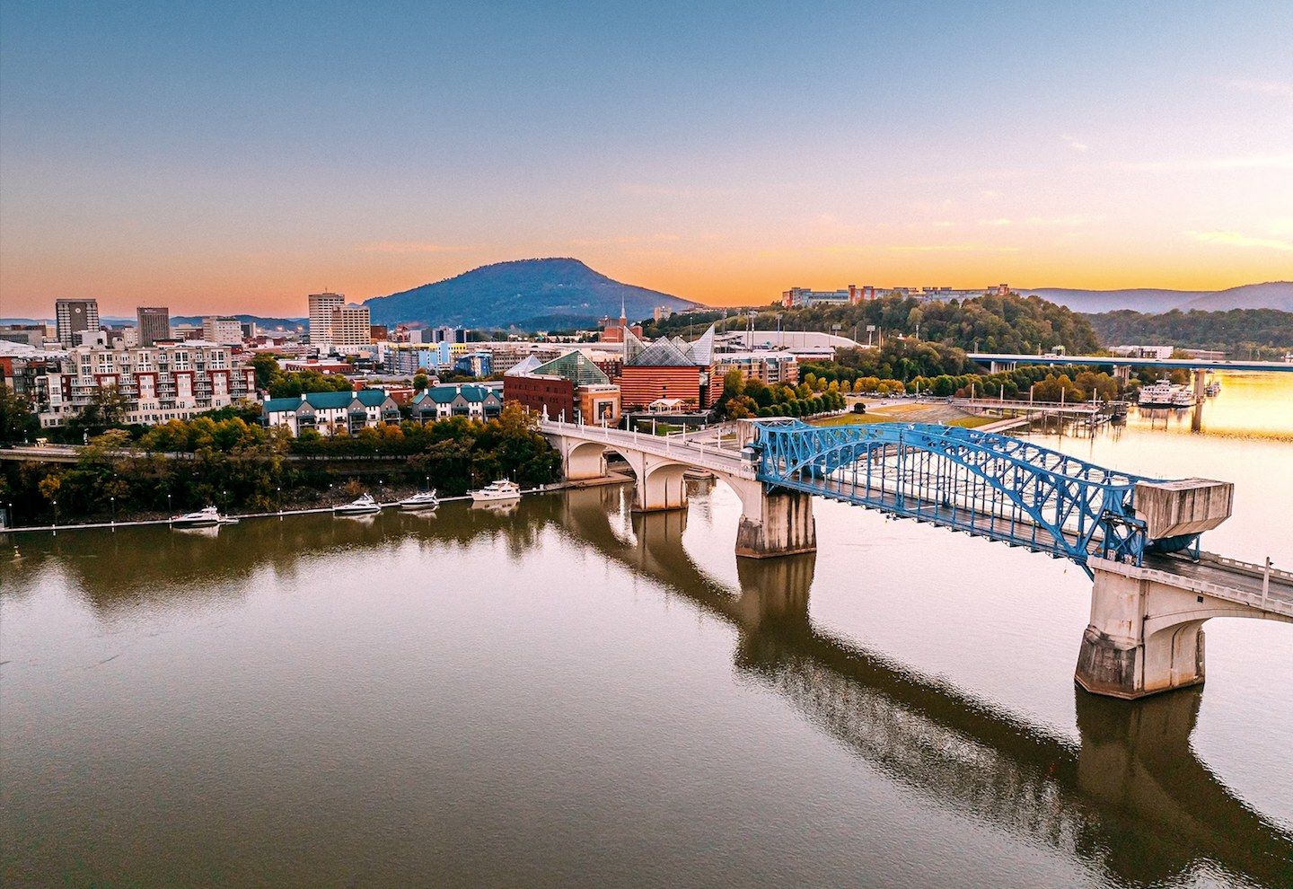 Downtown Chattanooga and the river at sunset, with Lookout Mountain behind